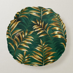 Seamless pattern with golden ferns round cushion