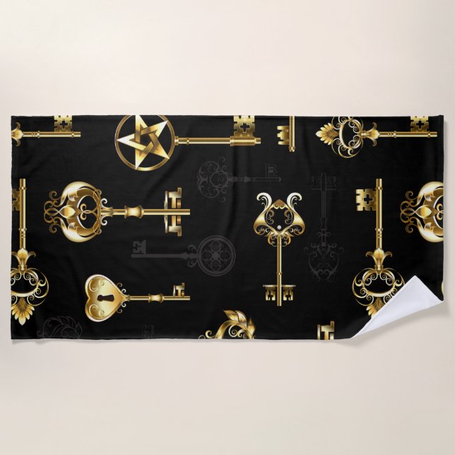Seamless Pattern with Golden Keys Beach Towel (Front)