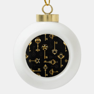 Seamless Pattern with Golden Keys Ceramic Ball Christmas Ornament