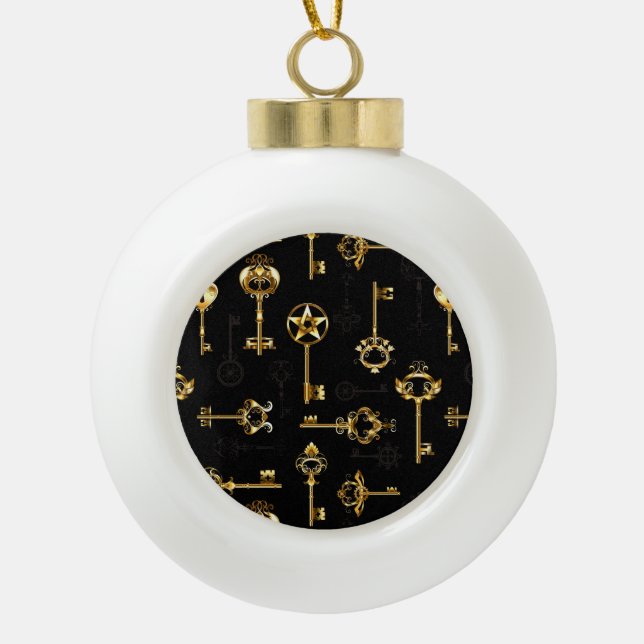 Seamless Pattern with Golden Keys Ceramic Ball Christmas Ornament (Front)