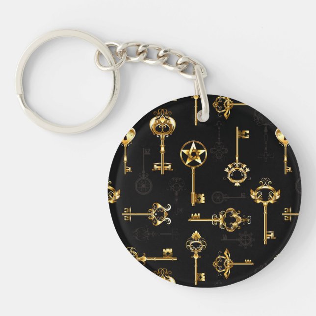 Seamless Pattern with Golden Keys Key Ring (Front)