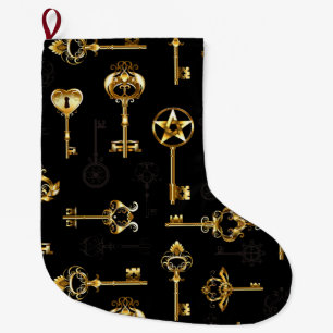 Seamless Pattern with Golden Keys Large Christmas Stocking