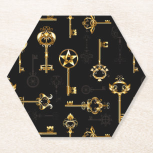 Seamless Pattern with Golden Keys Paper Coaster