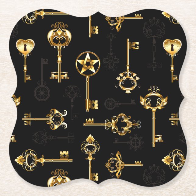 Seamless Pattern with Golden Keys Paper Coaster (Front)