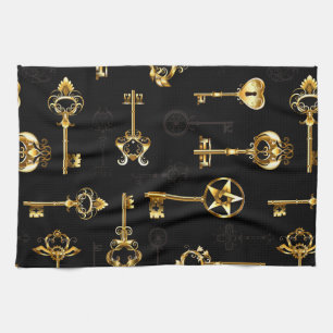 Seamless Pattern with Golden Keys Tea Towel