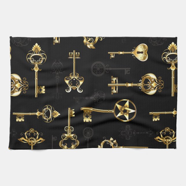 Seamless Pattern with Golden Keys Tea Towel (Horizontal)
