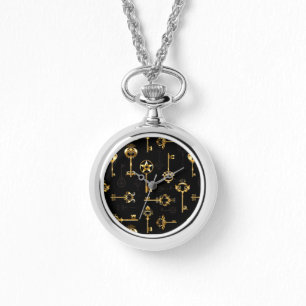 Seamless Pattern with Golden Keys Watch