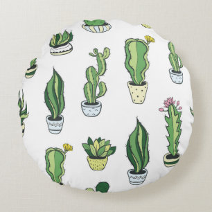Seamless pattern with green cactus and succulents  round cushion