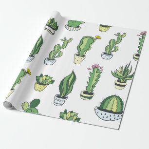 Seamless pattern with green cactus and succulents wrapping paper