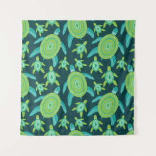Seamless pattern with green ornament turtles. Sea Tapestry