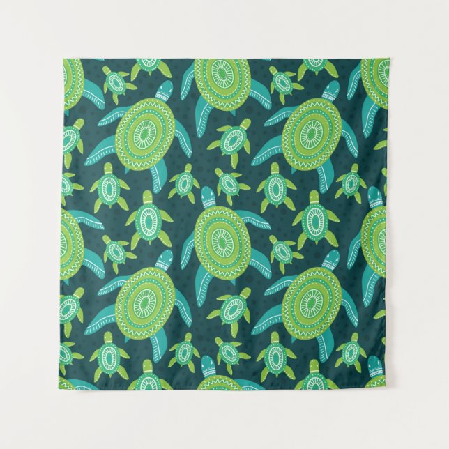Seamless pattern with green ornament turtles. Sea  Tapestry (Front)