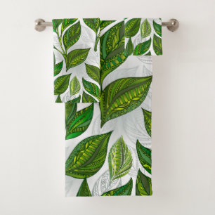 Seamless Pattern with Green Tea Leaves Bath Towel Set