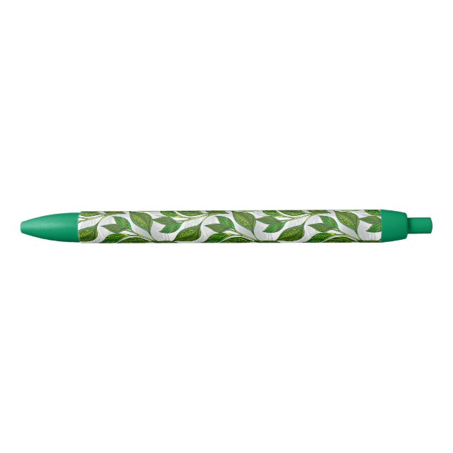 Seamless Pattern with Green Tea Leaves Black Ink Pen (Front)