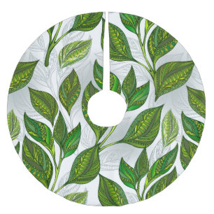 Seamless Pattern with Green Tea Leaves Brushed Polyester Tree Skirt