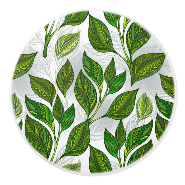 Seamless Pattern with Green Tea Leaves Ceramic Knob (Front)