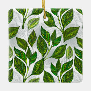 Seamless Pattern with Green Tea Leaves Ceramic Ornament