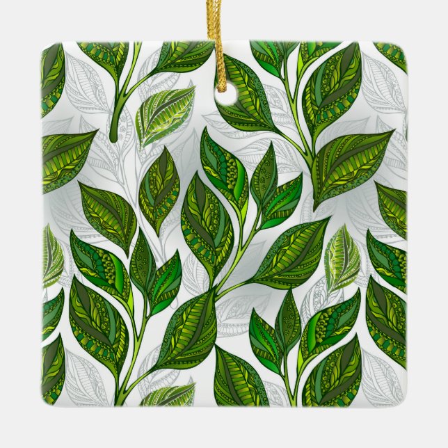 Seamless Pattern with Green Tea Leaves Ceramic Ornament (Front)