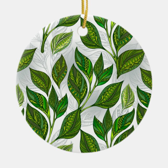 Seamless Pattern with Green Tea Leaves Ceramic Tree Decoration (Front)