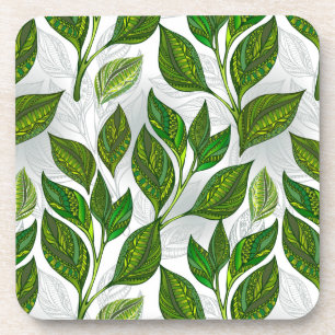 Seamless Pattern with Green Tea Leaves Coaster