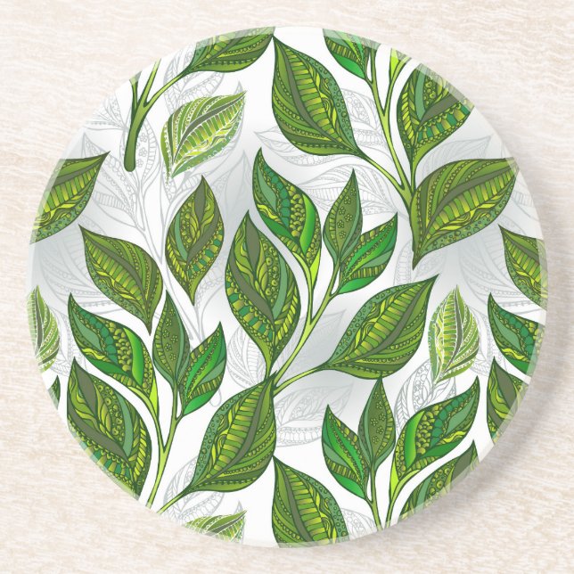 Seamless Pattern with Green Tea Leaves Coaster (Front)