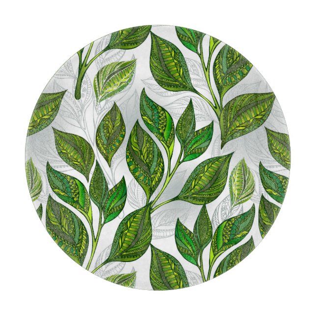 Seamless Pattern with Green Tea Leaves Cutting Board (Front)