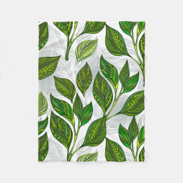 Seamless Pattern with Green Tea Leaves Fleece Blanket (Front)