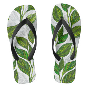 Seamless Pattern with Green Tea Leaves Flip Flops