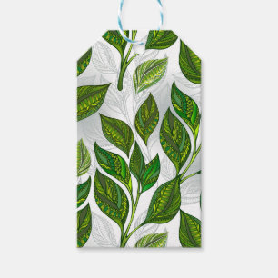 Seamless Pattern with Green Tea Leaves Gift Tags