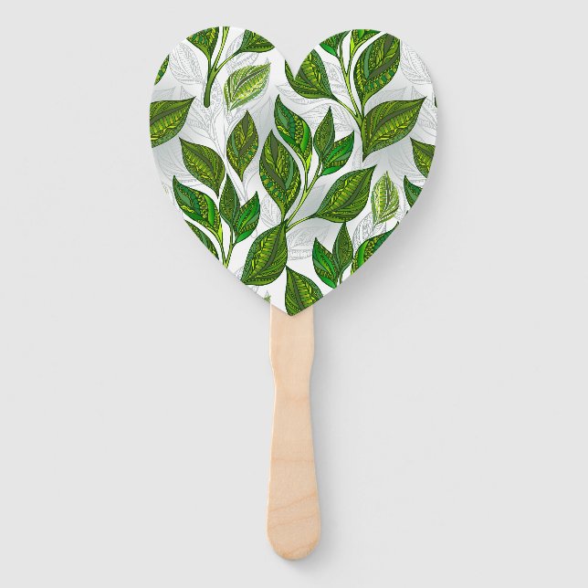 Seamless Pattern with Green Tea Leaves Hand Fan (Front)