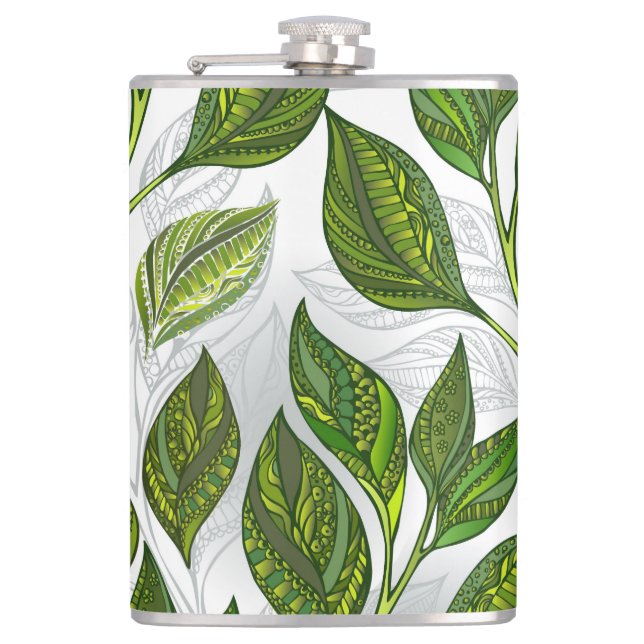 Seamless Pattern with Green Tea Leaves Hip Flask (Front)