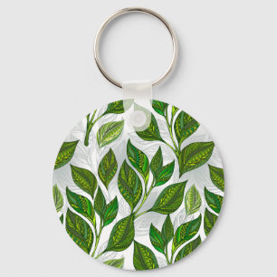 Seamless Pattern with Green Tea Leaves Key Ring