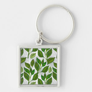 Seamless Pattern with Green Tea Leaves Key Ring