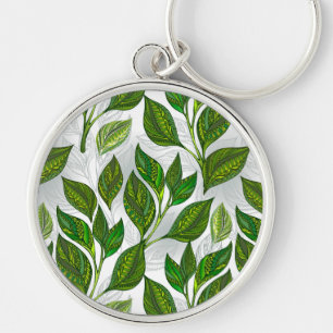 Seamless Pattern with Green Tea Leaves Key Ring