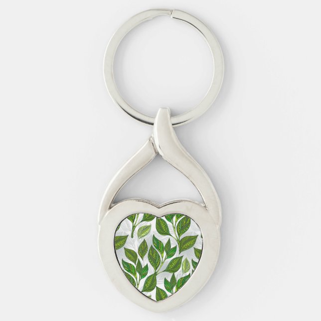 Seamless Pattern with Green Tea Leaves Key Ring (Front)