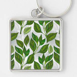 Seamless Pattern with Green Tea Leaves Key Ring