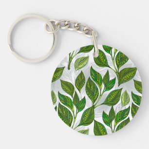 Seamless Pattern with Green Tea Leaves Key Ring