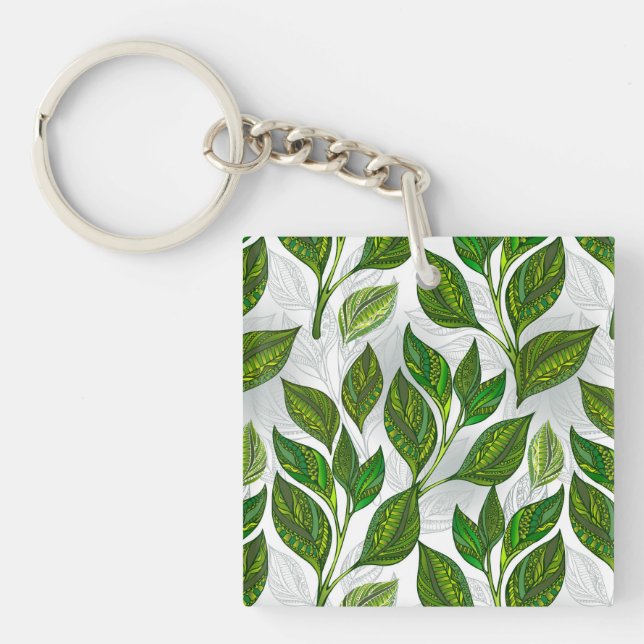 Seamless Pattern with Green Tea Leaves Key Ring (Front)