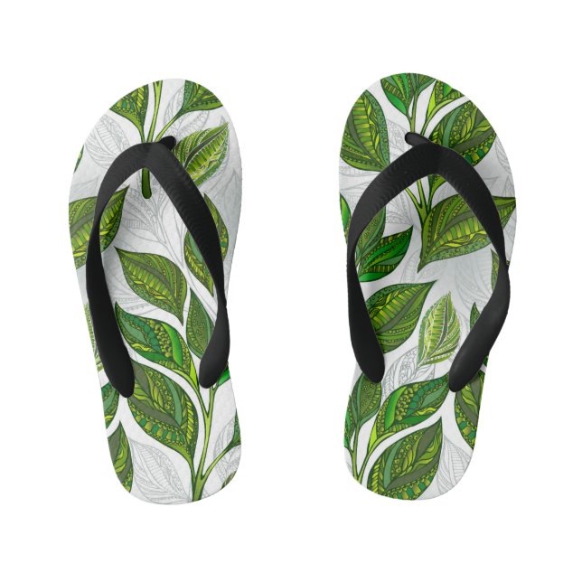 Seamless Pattern with Green Tea Leaves Kid's Flip Flops (Footbed)