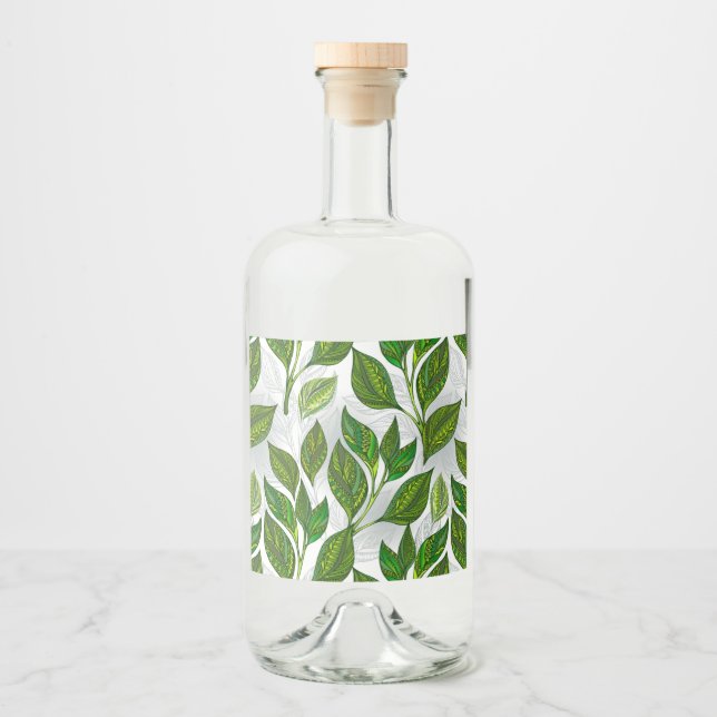 Seamless Pattern with Green Tea Leaves Liquor Bottle Label (Front)