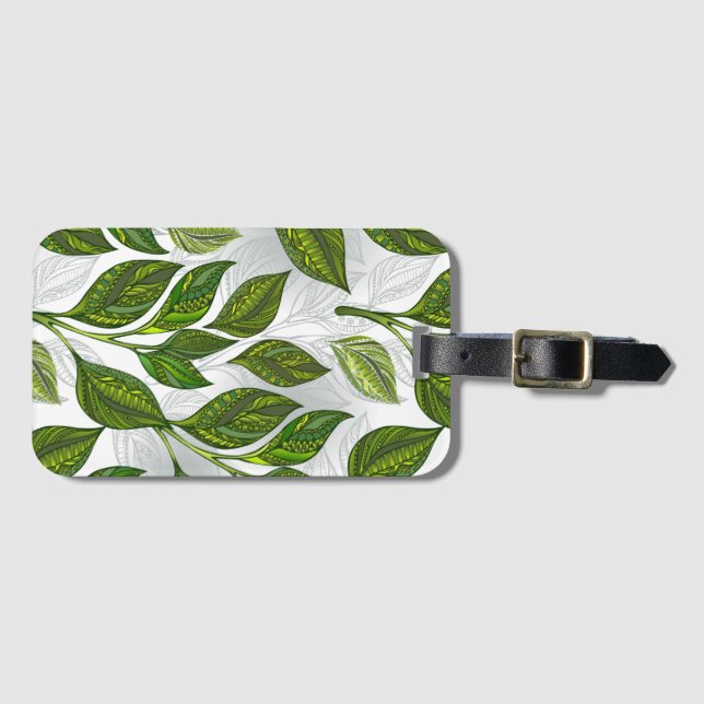 Seamless Pattern with Green Tea Leaves Luggage Tag (Front Horizontal)