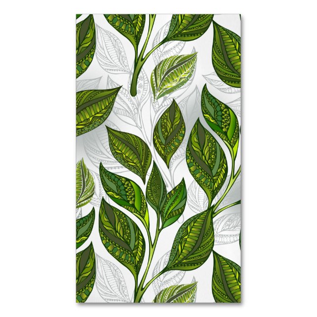 Seamless Pattern with Green Tea Leaves Magnetic Business Card (Front Vertical)