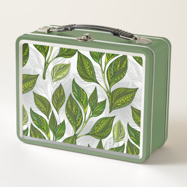 Seamless Pattern with Green Tea Leaves Metal Lunch Box (Front)