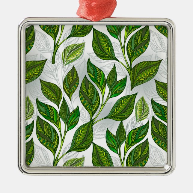 Seamless Pattern with Green Tea Leaves Metal Tree Decoration (Front)