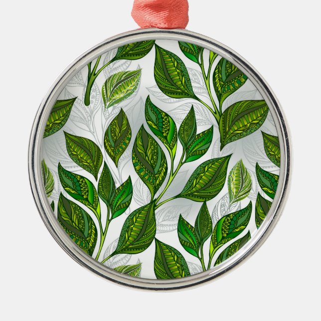 Seamless Pattern with Green Tea Leaves Metal Tree Decoration (Front)