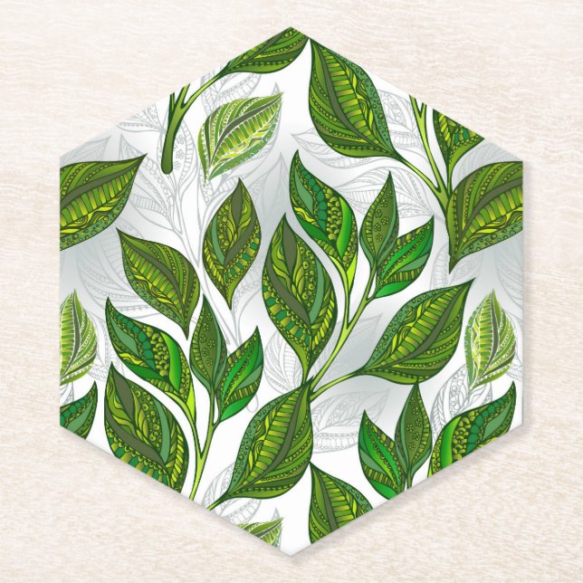 Seamless Pattern with Green Tea Leaves Paper Coaster (Front)