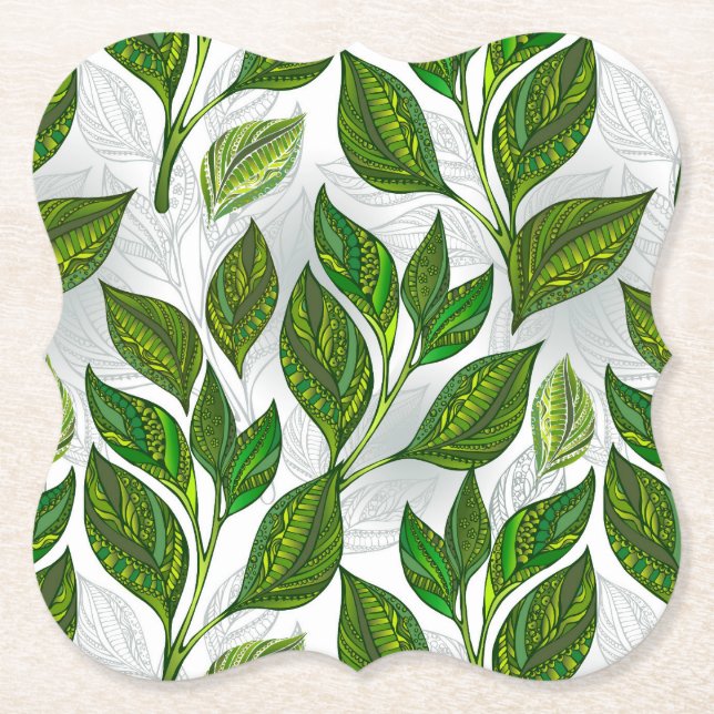 Seamless Pattern with Green Tea Leaves Paper Coaster (Front)
