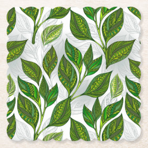 Seamless Pattern with Green Tea Leaves Paper Coaster
