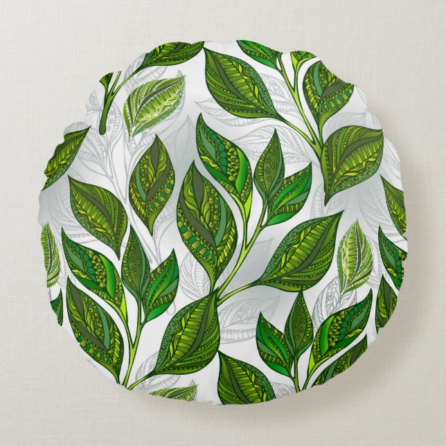 Seamless Pattern with Green Tea Leaves Round Cushion (Front)