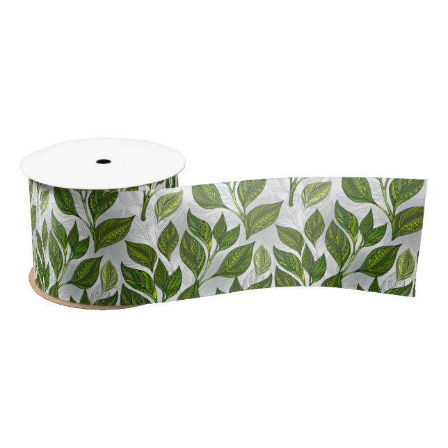 Seamless Pattern with Green Tea Leaves Satin Ribbon (Spool)