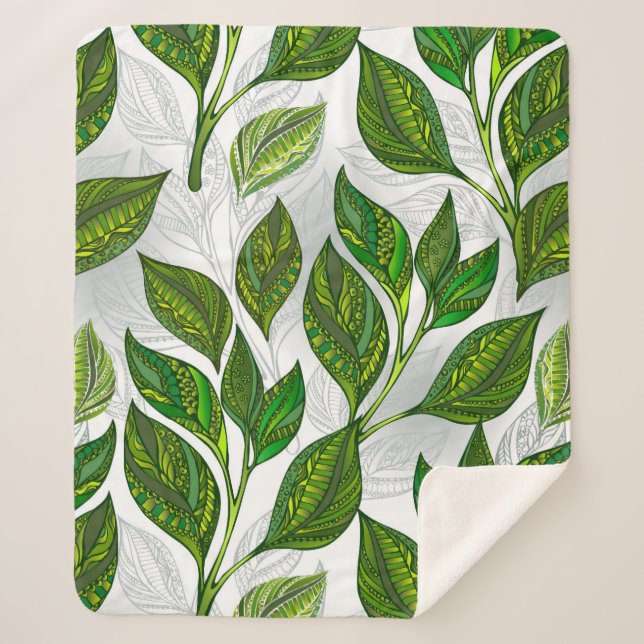 Seamless Pattern with Green Tea Leaves Sherpa Blanket (Front)